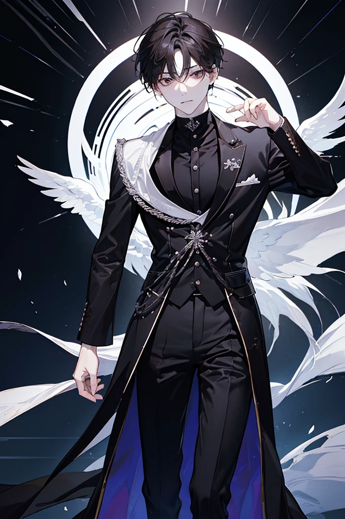 (middle aged man),(thin),(white skin),(angels),(black),(Shoulder length hair, dark brown),(Dusky brown eyes),(black hand),(ชุดจีนผสมยุโปblack),(luxury),(trousers)