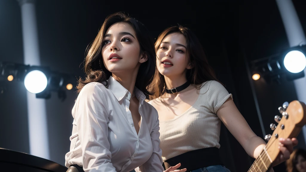 best quality, masterpiece, (photorealistic:1.4), 3 girl, light smile, shirt with collars, waist up, dramatic lighting, from below, posing singer, band singer