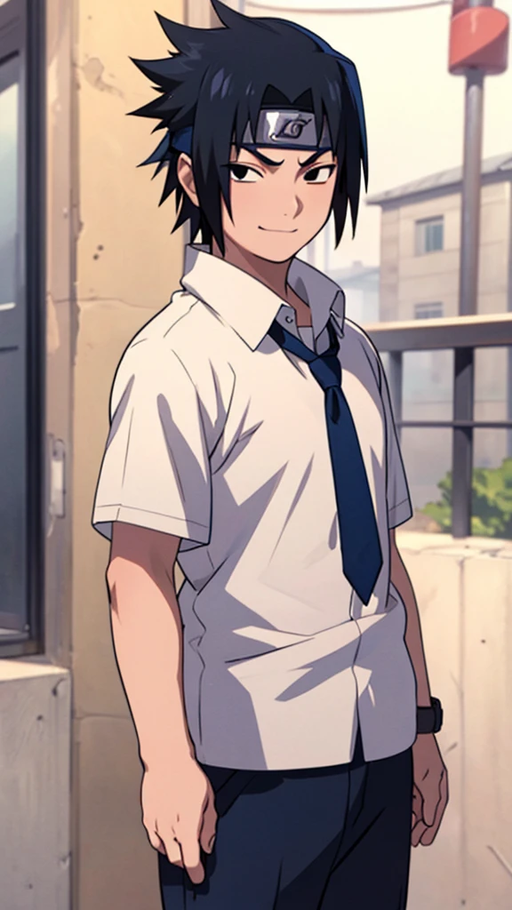 Sasuke,1 boy,shy smile,black eyes,************,white open collared shirt,Short sleeves,black slacks,belt,School zone,(detailed eyes),detailed skin,masterpiece