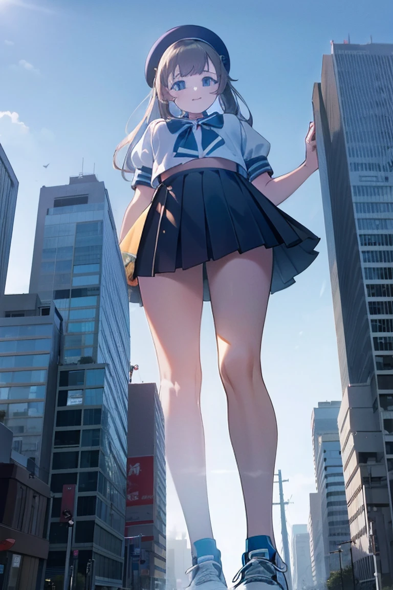 Big girl wearing sneakers，Girl taller than the building，Sailor Suit，Short skirt,Standing maiden，Sole