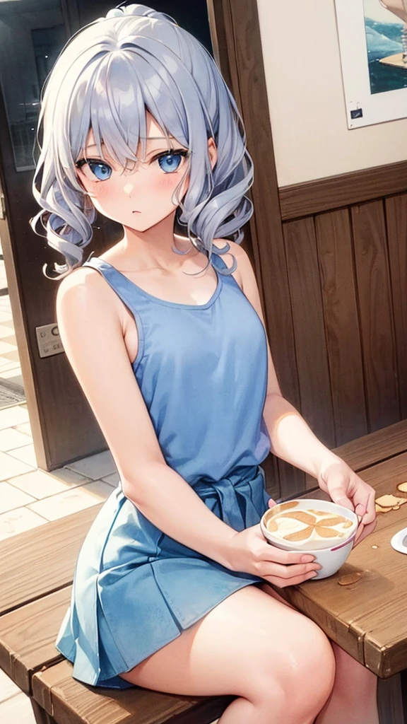 sitting at a cafe、Coffee and pancakes on the table、(watercolor,tegaki:1.4),(soft pastel colors:1.3),( blue eyes:1.1),BREAK,,(pastel white color palette:1.3),(pastel  tank top:1.4),(mini skirt:1.3),(music score:1.1)、kawaii、rough toutch、Detailed expression、( Girls、Beautiful face、Lonely face、Beautiful eyes、Blue Eyes、Gray Hair、Curly Hair、slender、delicate、Small breasts、 legs、Inner thighs、White skin、Beautiful Skin、Perfect fingertips、8 heads、look away、during、Lolicon)、ponytail