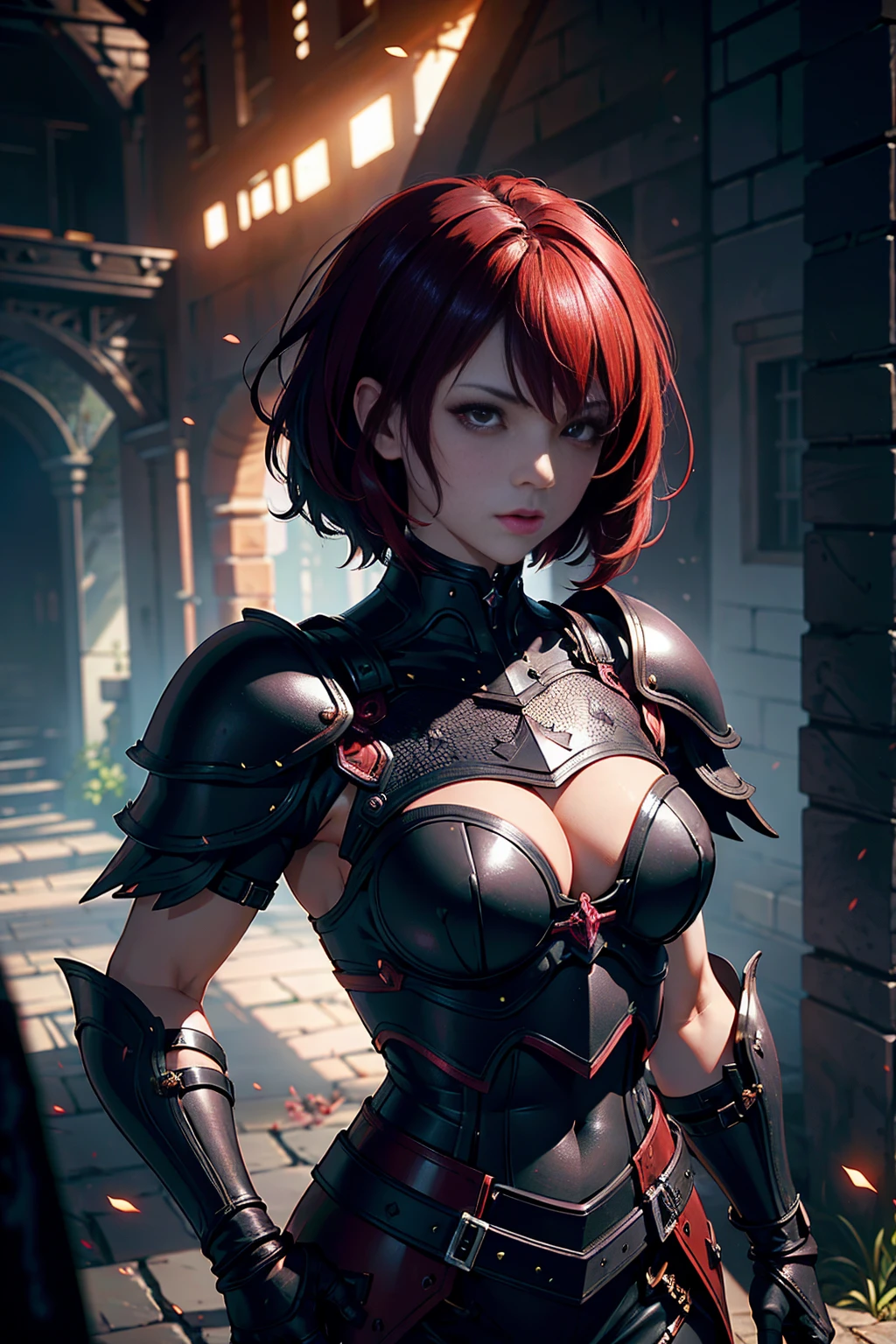 8k, (Ultra-detailed,high resolution,dark,fantasy:1.2), red short hair, Black chest open armor , warrior, medieval town, darkness, epic, Surrealism, Upper body, (Big :1.2), epic, narrate,darkness , horrible, It&#39;s raining, huge breasts，armor，pink hair，ruins， sword(covered ass, blue lace bustier babydoll netted nightie))((bending, bend over