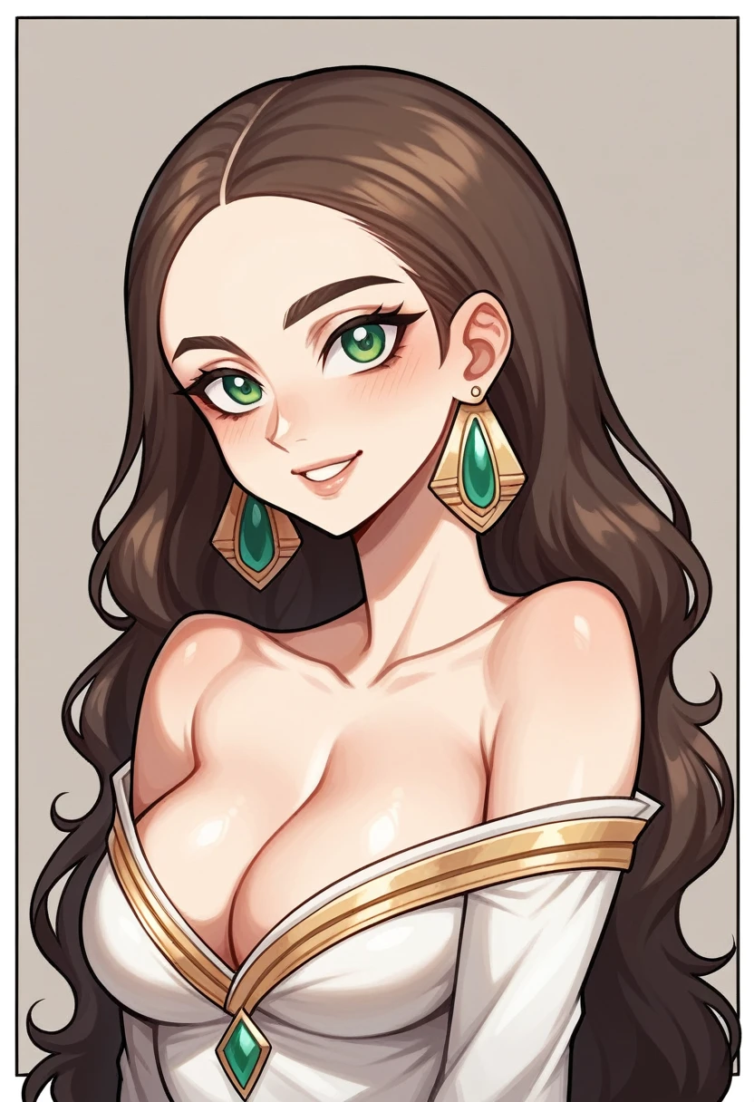 Ayesha stands tall at 72 inches (183 cm) and weighs 130 pounds (59 kg). Her chest measures 34 inches (86 cm), waist 28 inches (71 cm), and hips 36 inches (91 cm). She has striking, almond-shaped green eyes that captivate attention, framed by finely arched eyebrows. Her slender and elegant nose adds to her graceful profile. Ayesha’s full, soft lips wear a serene smile. Her small, delicate ears are often adorned with elegant earrings. Her long, straight, dark brown hair flows down her back in glossy waves. Her fair ivory skin tone contrasts beautifully with her dark hair. Ayesha’s very tall and lean build gives her a statuesque presence, and her serene smile reflects her calm and thoughtful nature, making her look poised and graceful.