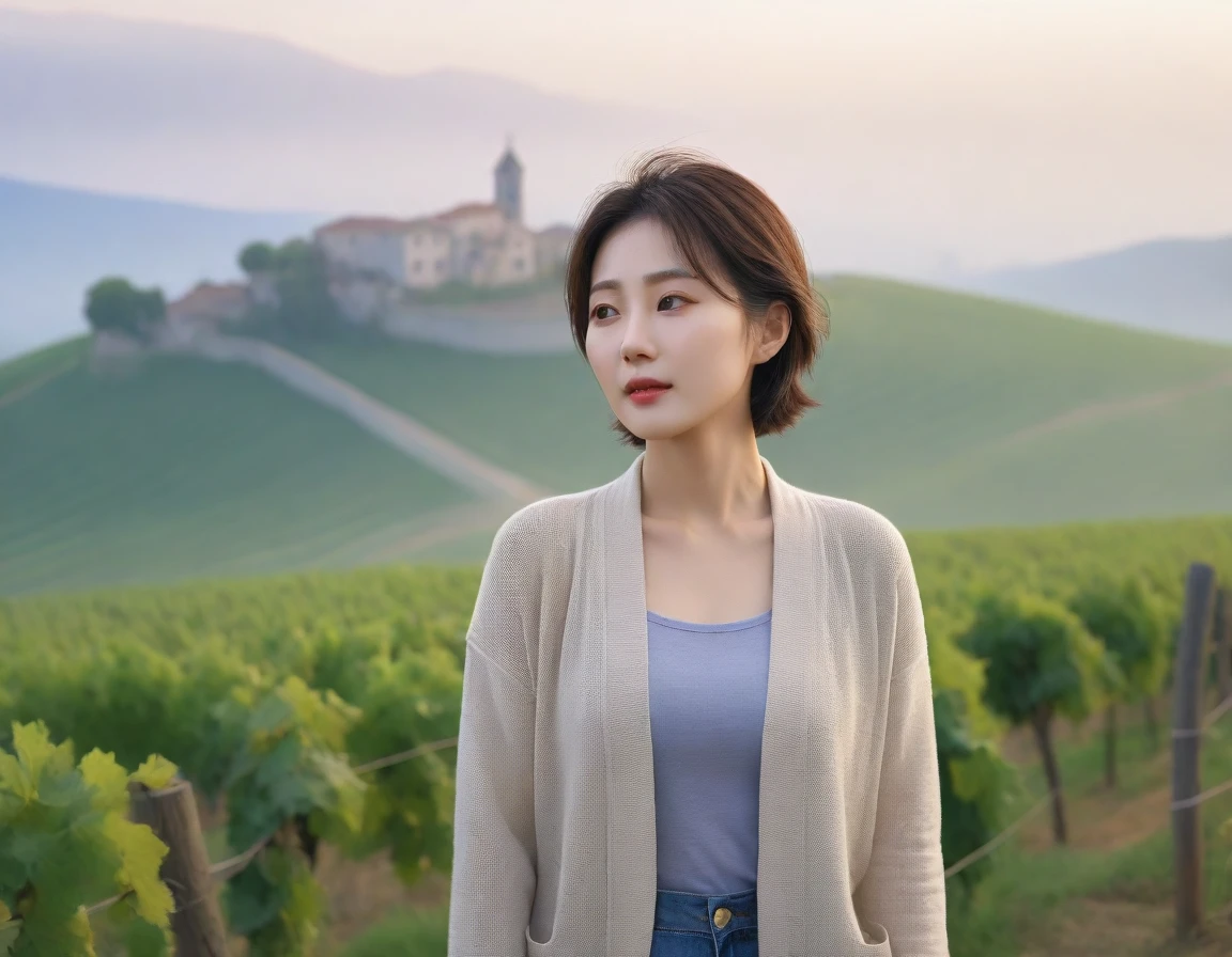 8k best picture quality, Beautiful 36-year-old Korean woman, short and nice weather. Chest size 34 inches, Dense fog at dawn in the Italian countryside, past the vineyard, The cathedral can be seen in the fog on a hill in the distance., The back background is realistic and vivid image quality, Short and medium hair blowing in the wind, Wear comfortable travel clothes, Casual pants and cardigan., a faint smile. the background is clear, Short and slim Korean woman, stand far away, Photo taken with a wide-angle lens