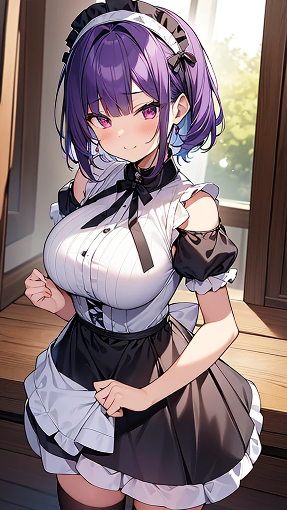 最high quality, high quality, Super detailed, 32k, Ultra-detailed details, {{The succubus maid has the face of my sister}}, (オンリー, Standing, pretty girl, beautiful purple hair, short hair, Beautiful RED eyes, mature, Big Breasts, A light smile, Off-the-shoulder sleeveless Summer cute maid outfit, Summer casual maid clothes, Short skirt, Blue and white color striped underwear, Black knee socks, loafers, She&#39;s holding 大きく up her skirt with both hands to show her underwear, 18-year-old,cute), A maid who moves her body vigorously without caring if her breasts bounce, Super detailed, indoor, maid Cafe, Full body image, ((Head to Toe:1.3)), NSFW