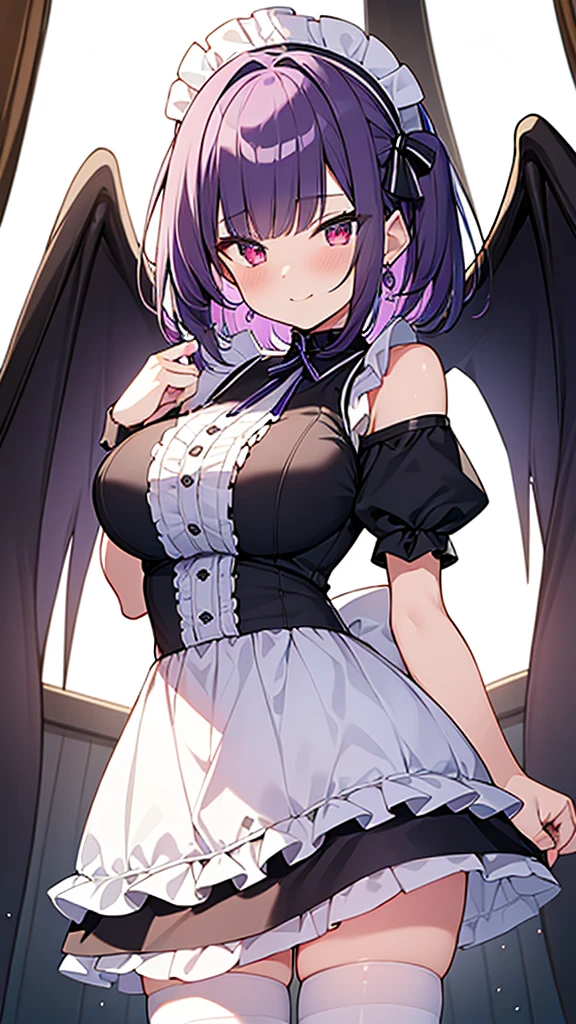 最high quality, high quality, Super detailed, 32k, Ultra-detailed details, {{The succubus maid has the face of my sister}}, (オンリー, Standing, pretty girl, beautiful purple hair, short hair, Beautiful RED eyes, mature, Big Breasts, A light smile, Off-the-shoulder sleeveless Summer cute maid outfit, Summer casual maid clothes, Short skirt, Blue and white color striped underwear, Black knee socks, loafers, She&#39;s holding 大きく up her skirt with both hands to show her underwear, 18-year-old,cute), A maid who moves her body vigorously without caring if her breasts bounce, Super detailed, indoor, maid Cafe, Full body image, ((Head to Toe:1.3)), NSFW