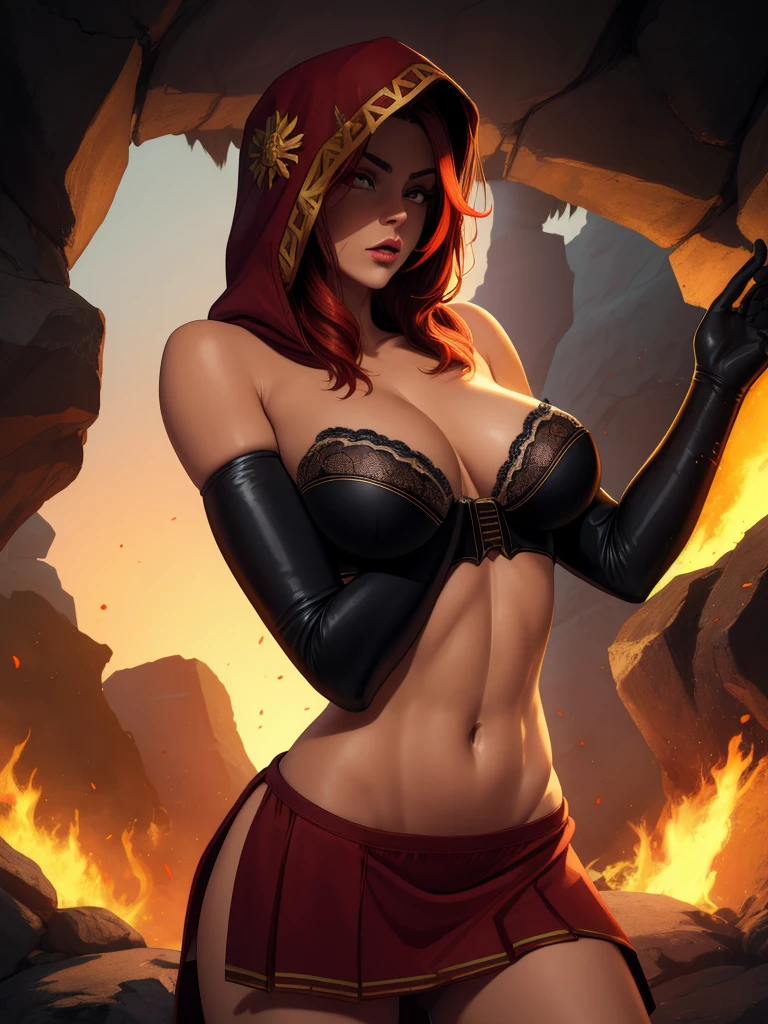 Dsorceress, redhair, shadowy face,dark cave, fire, hood, shadowed face, strapless bra, slim and athletic body, miniskirt, no panty, elbow gloves, dark skin, 1 girl (insanely detailed, masterpiece, best quality)