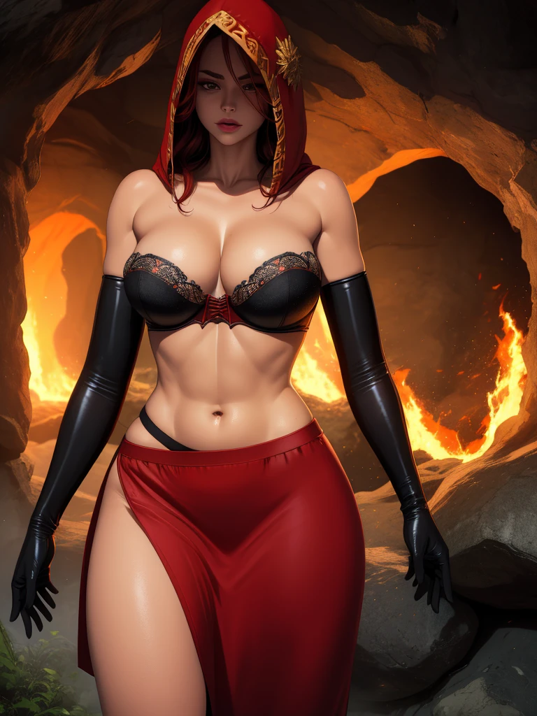 Dsorceress, redhair, shadowy face,dark cave, fire, hood, shadowed face, strapless bra, slim and athletic body, miniskirt, no panty, elbow gloves, dark skin, 1 girl (insanely detailed, masterpiece, best quality)
