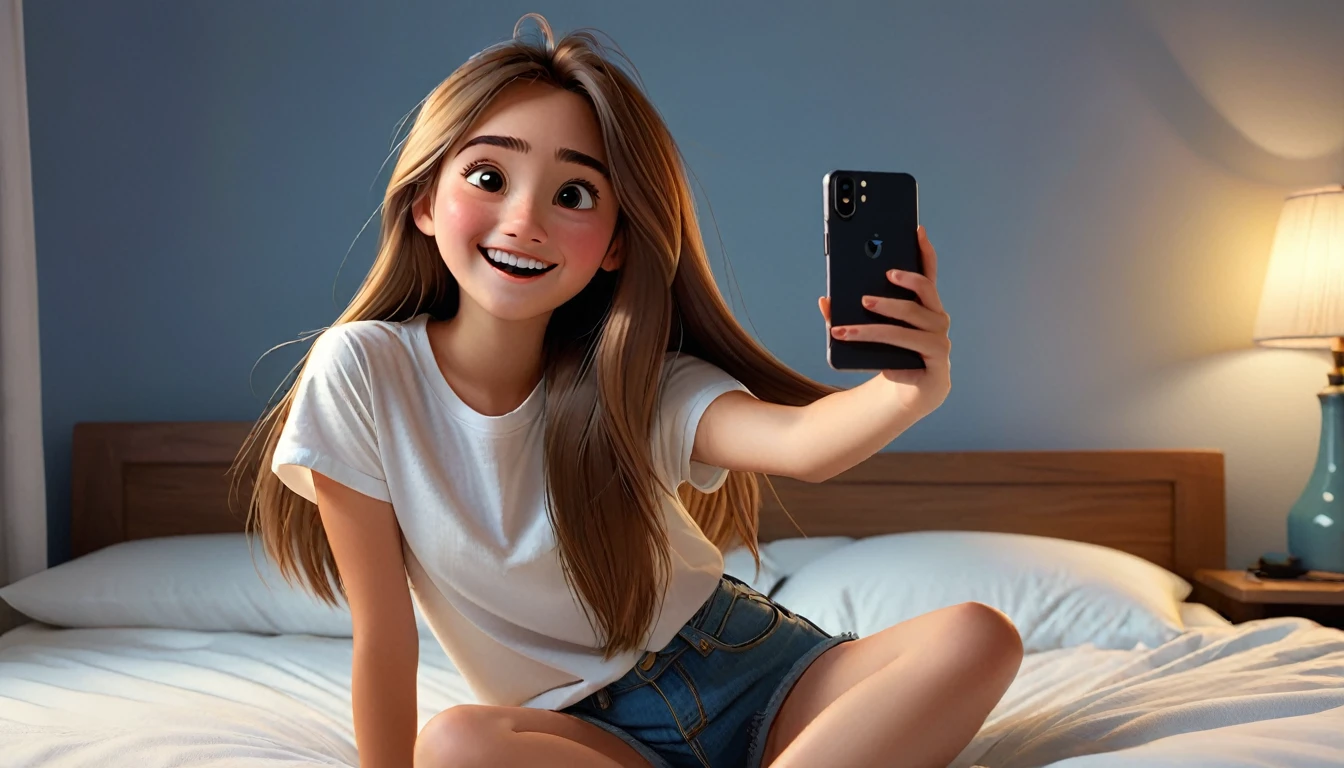20-year-old girl, taking a picture, with a smile from the corner of her mouth, in front of the mirror