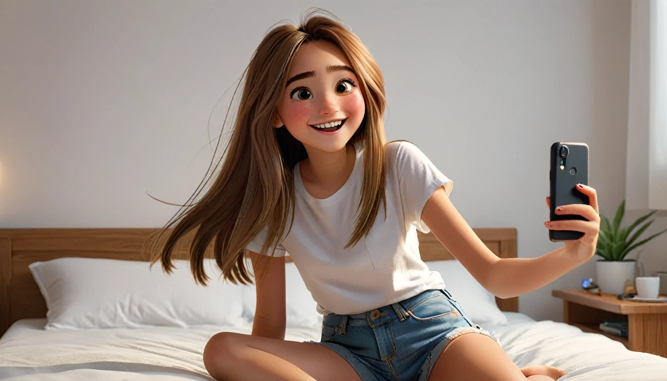 ((masterpiece, best quality)), award winning, 4k, 8k, simple background, photography, visible face, (one girl), 20 years old, Teenage girl with a cheerful and playful demeanor. She has long, straight hair, a simple white plain t-shirt and denim shorts. sitting in bed, taking selfie. Pixar Character.