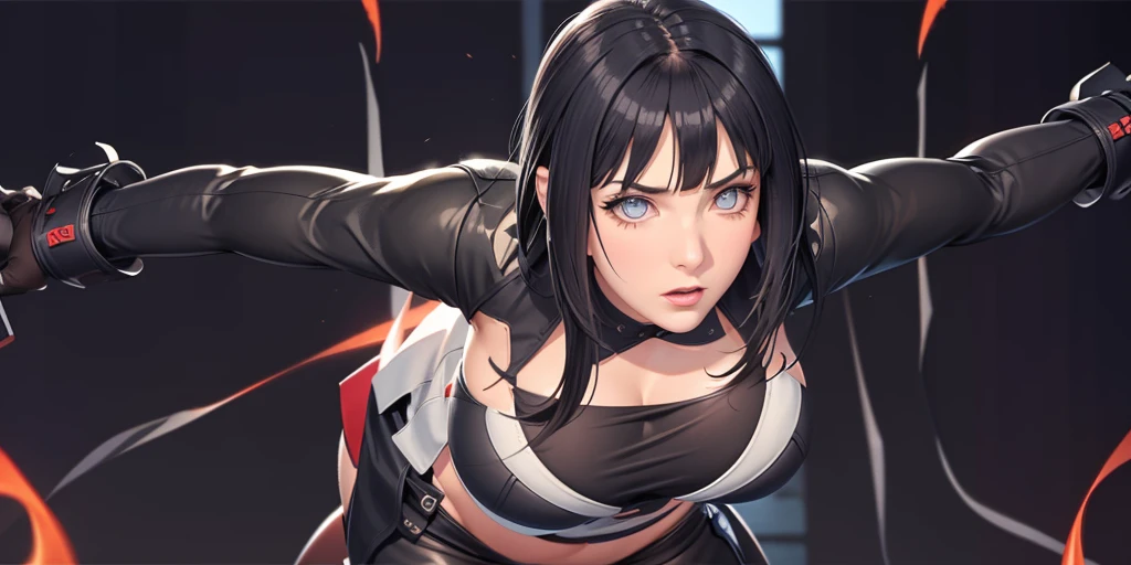 (((Perfect body,White and tender skin,(((Ninja Costume,))),(((hyuugahin,hyuugahin,hinata\(boruto\),hyuugahin, "black long hair", blue eyes,blunt bangs))),((masterpiece)),high resolution, ((Best quality at best)),masterpiece,quality,Best quality,((( Exquisite facial features,Looking at the audience,There is light in the eyes,blush,Happy,lol))),Open your arms,Red flames emanate from the entire body))),(((Light and shadow,Huge breasts))),(((Looking at the camera,black background,))))