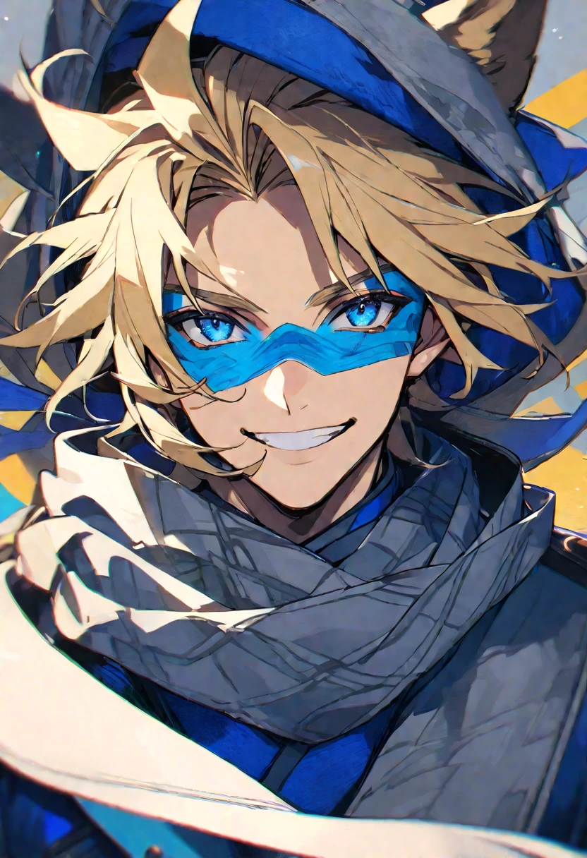 Solo, male, blonde hair, blue eyes, blue fur coat, gray scarf, smile facial