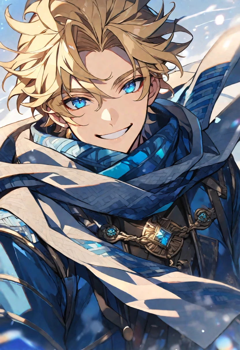 Solo, male, blonde hair, blue eyes, blue fur coat, gray scarf, smile facial