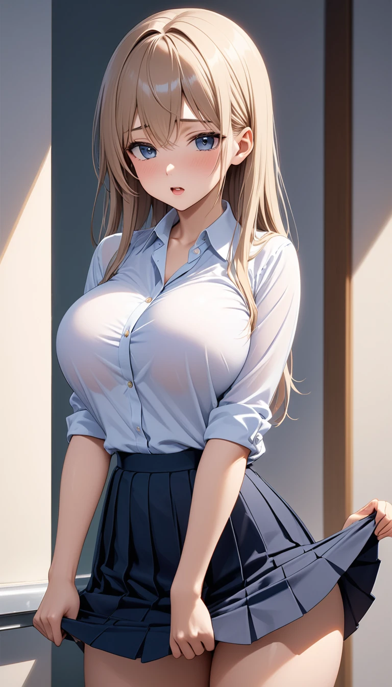 (Highest quality、Masterpiece、Very detailed、8K)、One Woman、Big Breasts、18-year-old、high school student、((stand))、((skirt lift))
