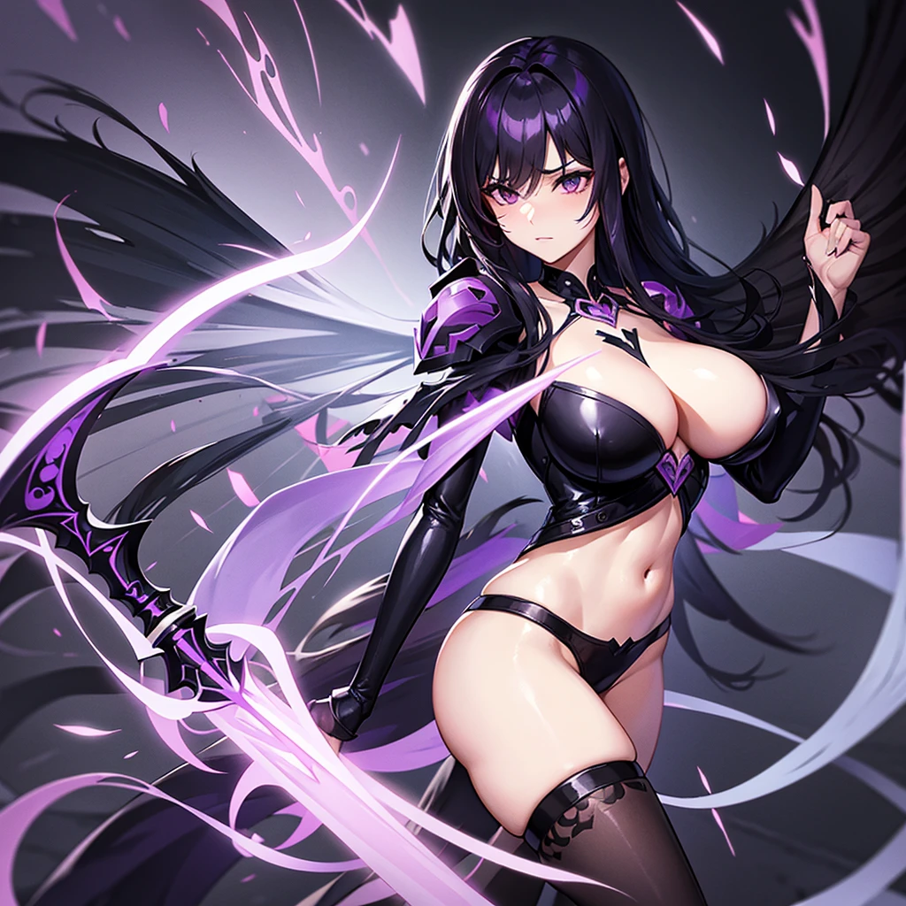 Womens (The chest is just right.)Long purple-black hair, black eyes, wearing a black-purple fantasy outfit. Holding a cool angel's scythe and releasing dark magic in one hand.