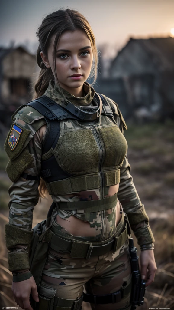 (medium full shot) of (tactical soldier) young woman, slim build, medium blonde hair, spanish, tan skin, jade green eyes, wearing a tactical cap, woodland camo camouflage jacket, combat pants, body armor, military boots, camouflage face paint, tactical backpack, compass, wielding a combat knife set in  Forward Operating Base (FOB), Encampment with rows of tents and makeshift buildings, soldiers moving about with purpose, vehicles parked in designated areas, a radio tower transmitting signals, dusty terrain stretching into the distance , at sunset, woman smiling, detailed face, ,Masterpiece,best quality, photo, realistic, very aesthetic,