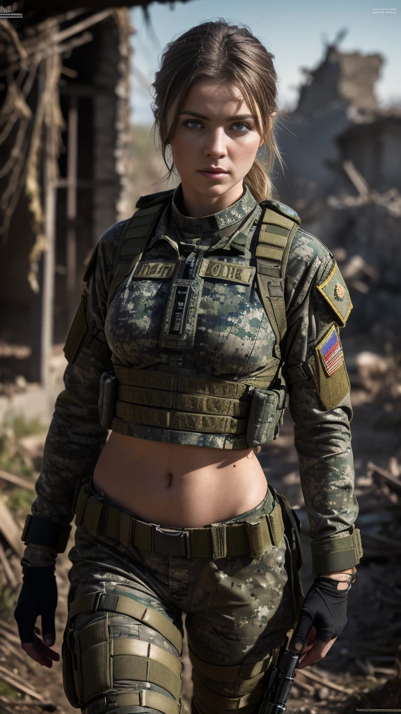 masterpiece, Ultra Detailed, 8K, RAW photo, Realistic light, cinematic composition, realistic face, Realistic skin, (woman from Ukraine), (Torn and dirty military tactical camouflage), body armor, Cute sexy, perfect ???????, war, Cinematic lighting, A ruined village, nightfall