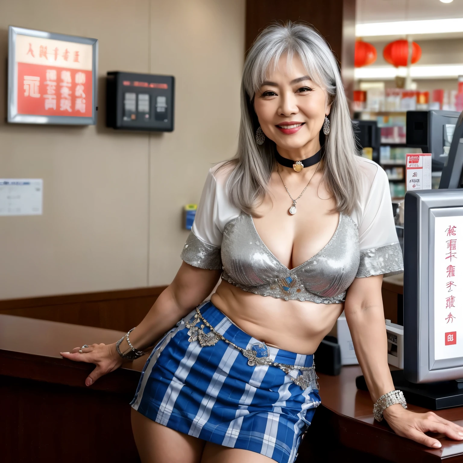75 years old mom milf Chinese Lady large earring Big choker navel piercing decoration A bracelet Silver Hair realisitic Gorgeous Madame Beautiful Mature Woman sexly Smile Gentle woman navel piercing 4K High quality pharmacy Drugstore Cashier counter employee Gorgeous Madame Beautiful Mature Woman