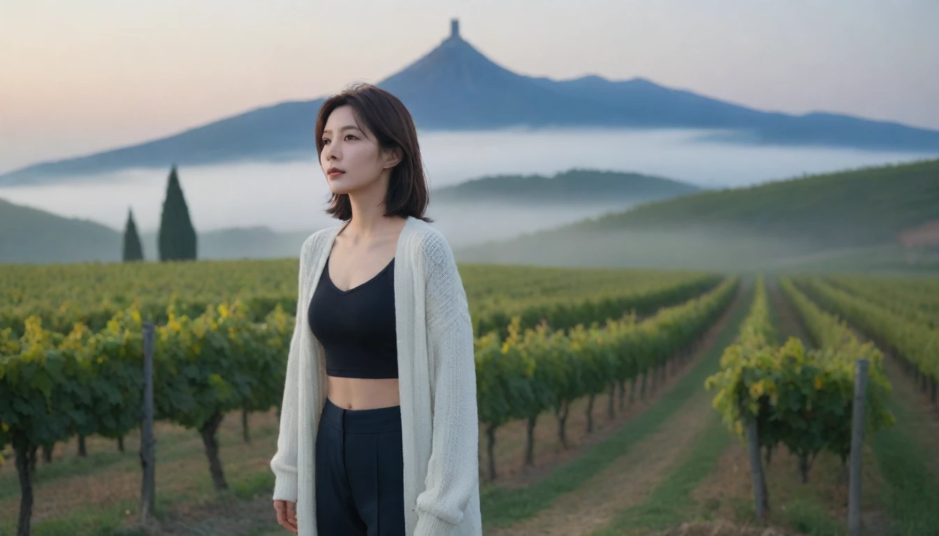 8k best picture quality, Beautiful 36-year-old Korean woman, short and nice weather. Chest size 34 inches, Dense fog at dawn in the Italian countryside, past the vineyard, The cathedral can be seen in the fog on a hill in the distance., The back background is realistic and vivid image quality, Short and medium hair blowing in the wind, Wear comfortable travel clothes, Casual pants and cardigan., a faint smile. the background is clear, Short and slim Korean woman, stand far away, Photo taken with a wide-angle lens