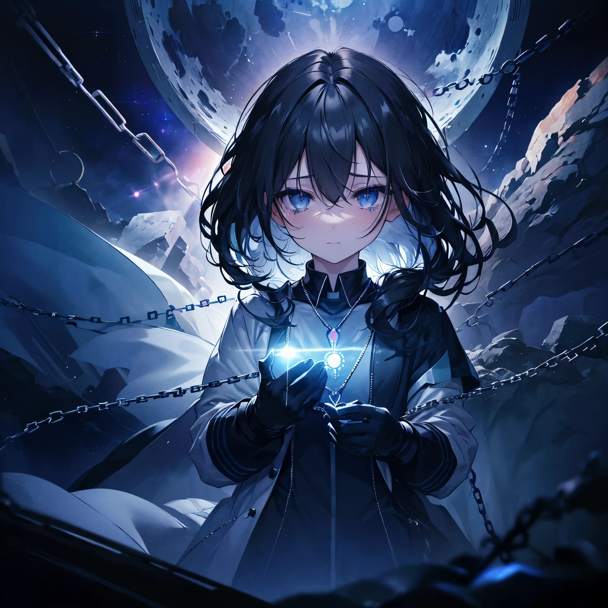 ((High resolution　Black Hair　Long Hair　Dull blue eyes　uniform　Lonely　despair))　((necklace　tears　gloves))　(New York at Night　Distorted Space-Time　star　moon)　Catch the wind　Light