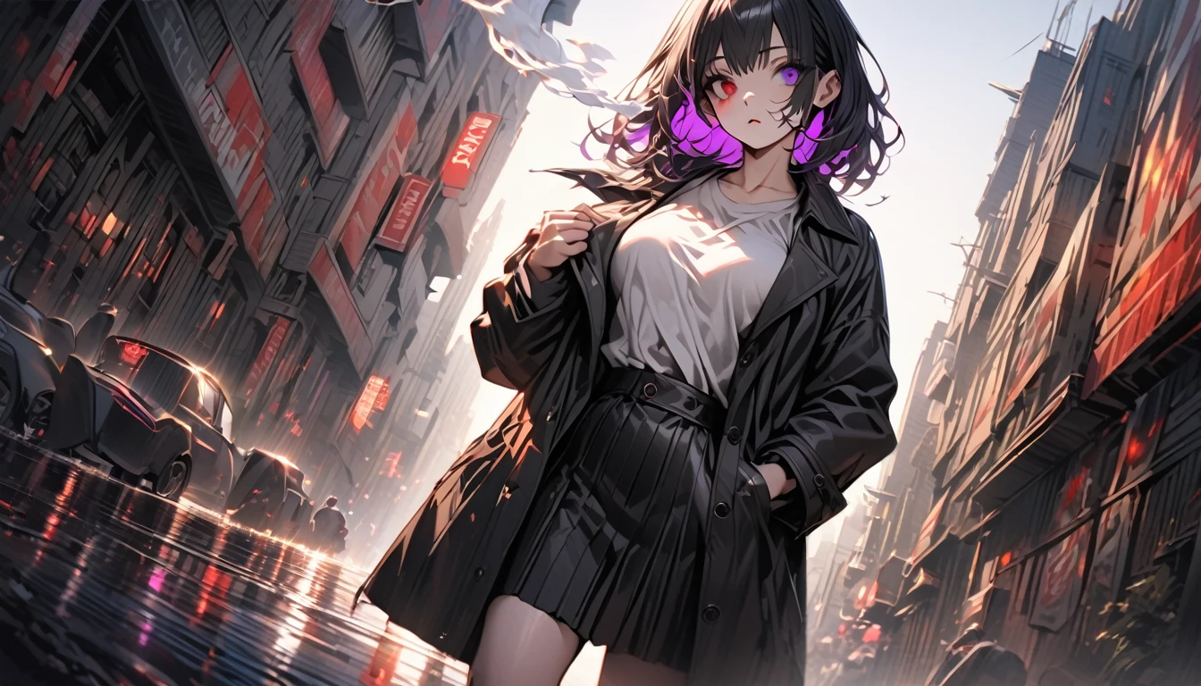 A beautiful anime girl with short,messy black hair featuring purple inner highlights,heterochromia eye,C-cup breasts,wearing a black trench coat,white shirt,black skirt,smoking a chigaratte,hand in pocket,cold expression,a little blood in her face,detailed facial features,dramatic lighting,cinematic angle,vibrant colors,intricate background,highly detailed,masterpiece,photorealistic,dark style,full body