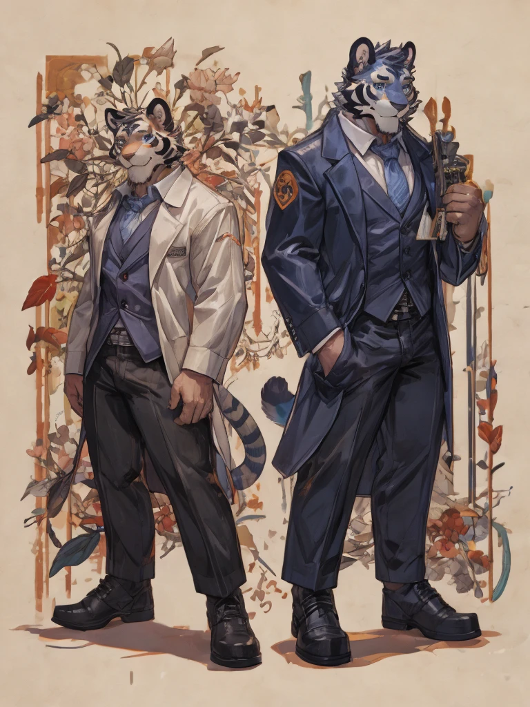 {{bara extremely handsome white tiger,}} {{white fur,}} white, wearing elegant ornate suit jacket, trousers, white dress shirt and necktie, white fluffy furry body and limbs, loafers, very tall, very broad shoulders, narrow waist, muscular arms, massive pecs, purple eyes, very long legs, massive bulge, sophisticated hot look, full body, 3/4 view, best quality, high quality, silver earring on left ear, sultry smirk, multiple views, character sheet