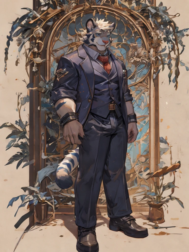 {{bara extremely handsome white tiger,}} {{white fur,}} white, wearing elegant ornate suit jacket, trousers, white dress shirt and necktie, white fluffy furry body and limbs, loafers, very tall, very broad shoulders, narrow waist, muscular arms, massive pecs, purple eyes, very long legs, massive bulge, sophisticated hot look, full body, 3/4 view, best quality, high quality, silver earring on left ear, sultry smirk, multiple views, character sheet
