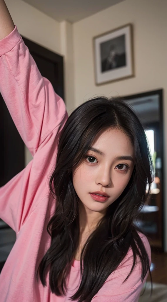  6 girl, solo, RAW Photo, modelshoot style, Photograph of a young beautiful bright indonesian woman with black brown long hair flow in soft curl and ((warm skin)), focused, wear pink minimalist shirt, medium breast, face to the camera, looking at viewer, best quality, masterpiece, uhd, ((photorealistic))