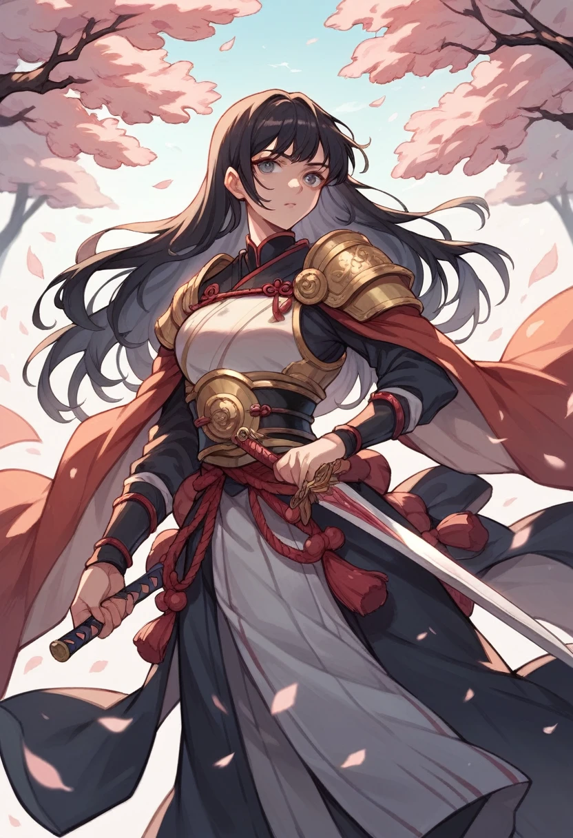 A beautiful Japanese female warrior with long, flowing black hair, dressed in ornate Western-style armor. She holds a gleaming sword in her right hand and a sturdy shield in her left hand. The scene is set in a mystical forest with cherry blossoms.
