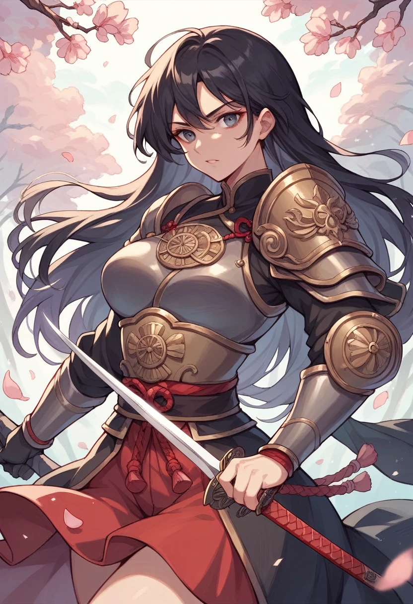A beautiful Japanese female warrior with long, flowing black hair, dressed in ornate Western-style armor. She holds a gleaming sword in her right hand and a sturdy shield in her left hand. The scene is set in a mystical forest with cherry blossoms.