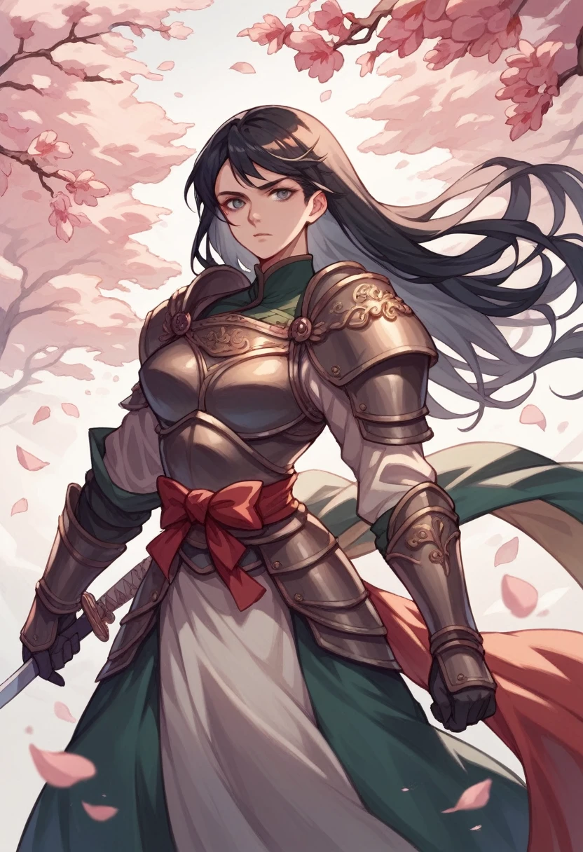 A beautiful Japanese female warrior with long, flowing black hair, dressed in ornate Western-style armor. She holds a gleaming sword in her right hand and a sturdy shield in her left hand. The scene is set in a mystical forest with cherry blossoms.