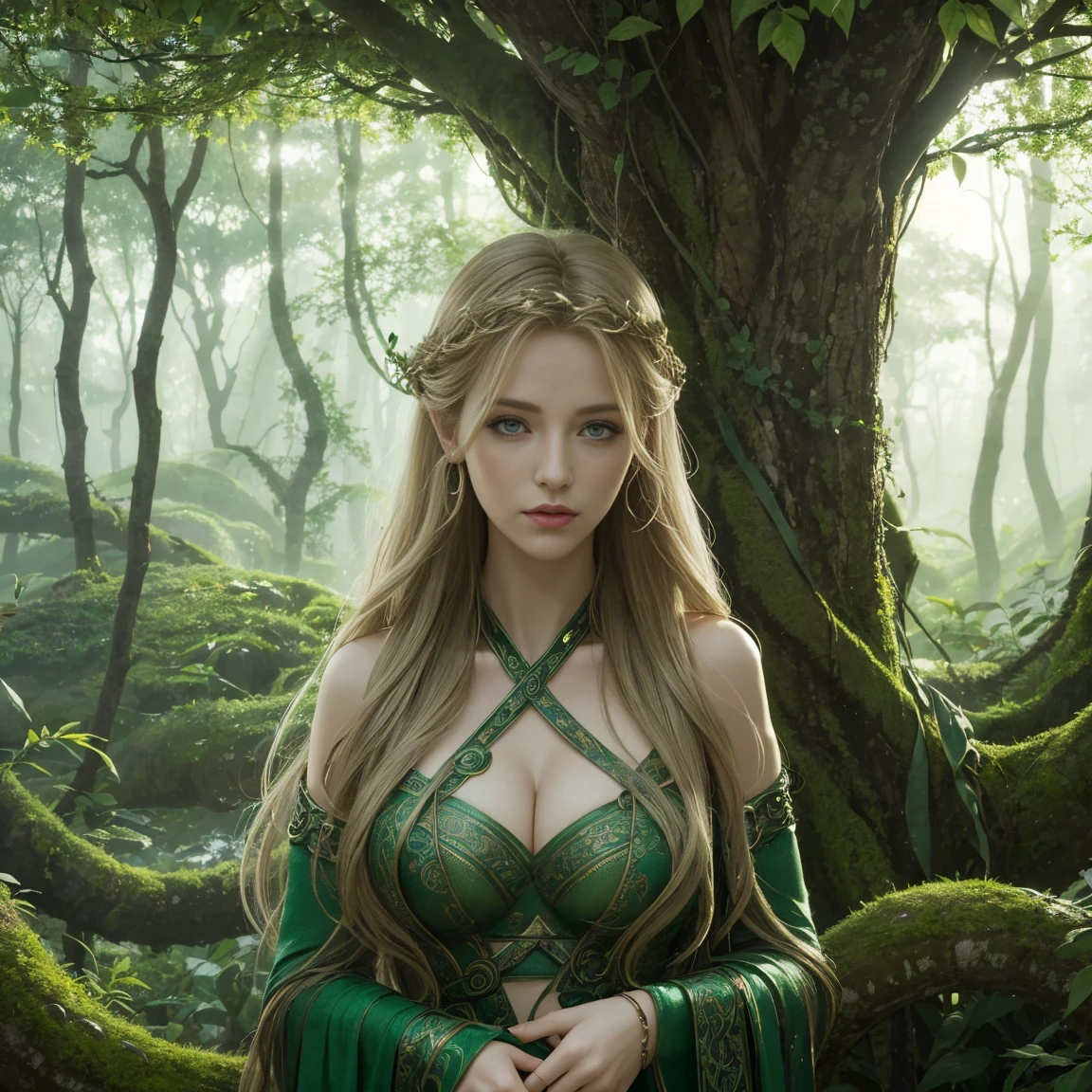 A depiction of Nuagmel, the Celtic mythological creature, with a beautiful woman's face and hair intertwined with snakes. She has an enchanting yet dangerous look and is set against a misty, ancient forest or a mystical landscape.


