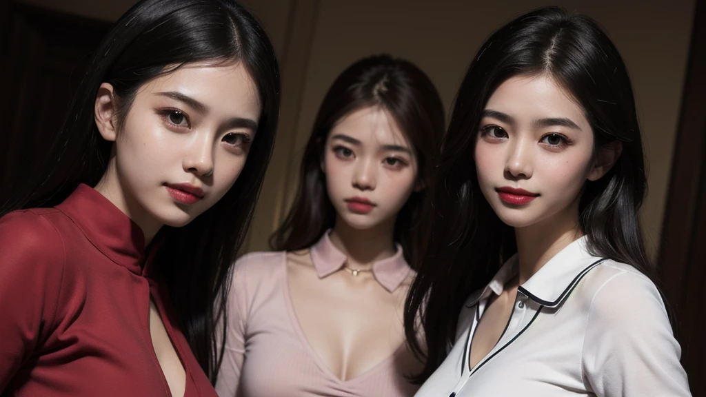 best quality, masterpiece, (photorealistic:1.4), 3 girl, light smile, shirt with collars, waist up, dramatic lighting, from below, posing singer, vietnamese background