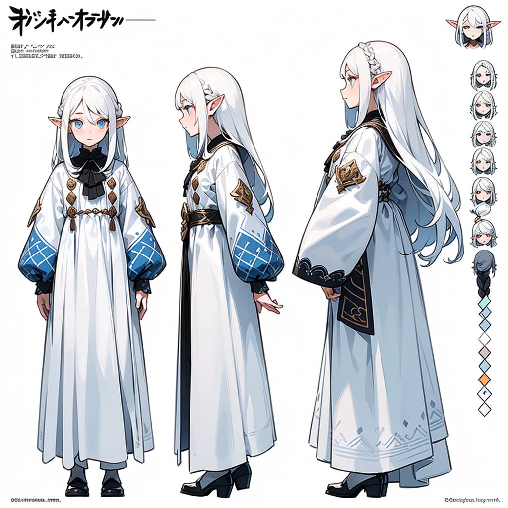 21 years old, white hair elf girl,long hair,dress, (((Detailed Character Sheet, Front view, Side view, three quarter view))) (((white background))),full body