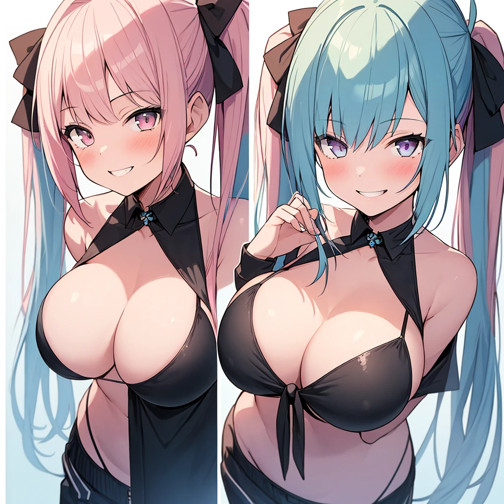 ((masterpiece)) (large breasts) (best quality) beautiful face, 1 girl, cute girl, smile, portrait, blue and pink hair, bikini, twintails,