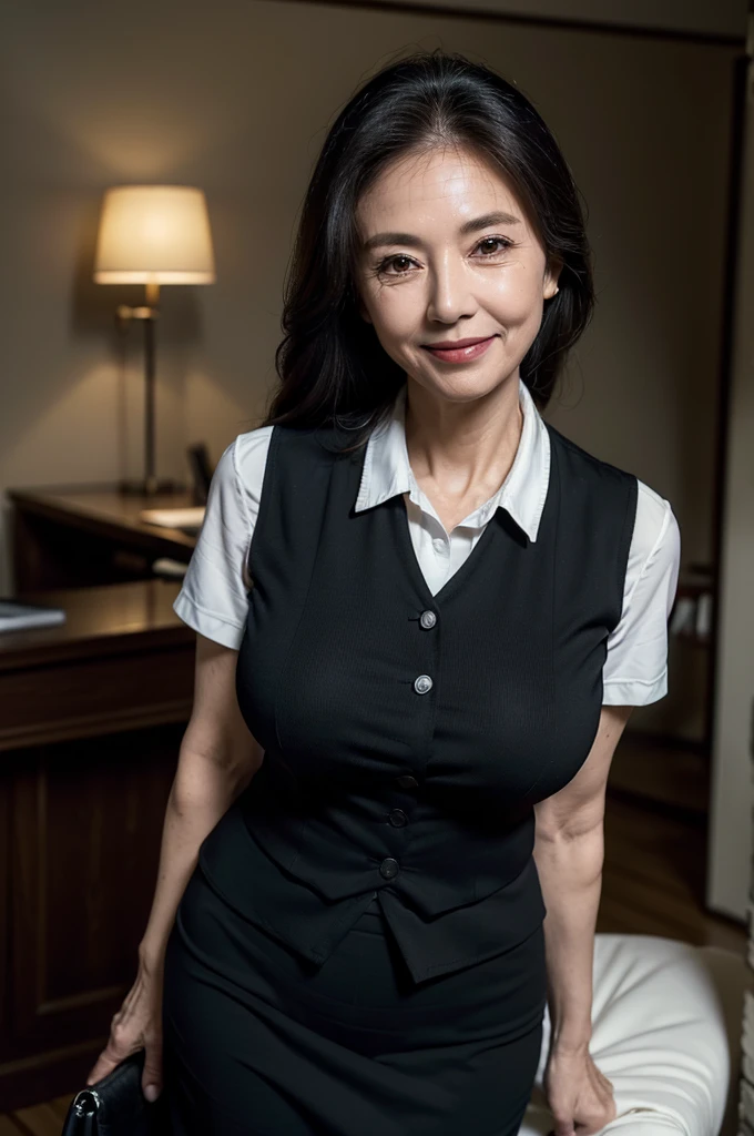 (masterpiece:1.4),(62-year-old woman:1.5),(Facial wrinkles : 1.2), (looking back at viewer : 1.1), smile, long hair, maternal, Mature Woman, office worker, (smooth fabric), (polyester black vest with button), black pencil skirt, white short sleeve shirt, (wide hips : 1.2), (focus on hips : 1.2), working, detailed backgrounds, view from behind