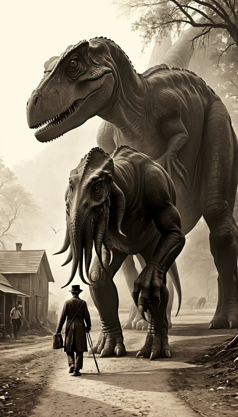 1850 s village man with his pet big dinosaur walking old photo style. photo realistic