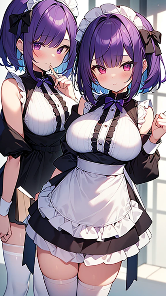 最high quality, high quality, Super detailed, 32k, Ultra-detailed details, {{The succubus maid has the face of my sister}}, (オンリー, Standing, pretty girl, beautiful purple hair, short hair, Beautiful RED eyes, mature, Big Breasts, A light smile, Off-the-shoulder sleeveless Summer cute maid outfit, Summer casual maid clothes, Short skirt, Blue and white color striped underwear, Black knee socks, loafers, She&#39;s holding 大きく up her skirt with both hands to show her underwear, 18-year-old,cute), A maid who moves her body vigorously without caring if her breasts bounce, Super detailed, indoor, maid Cafe, Full body image, ((Head to Toe:1.3)), NSFW