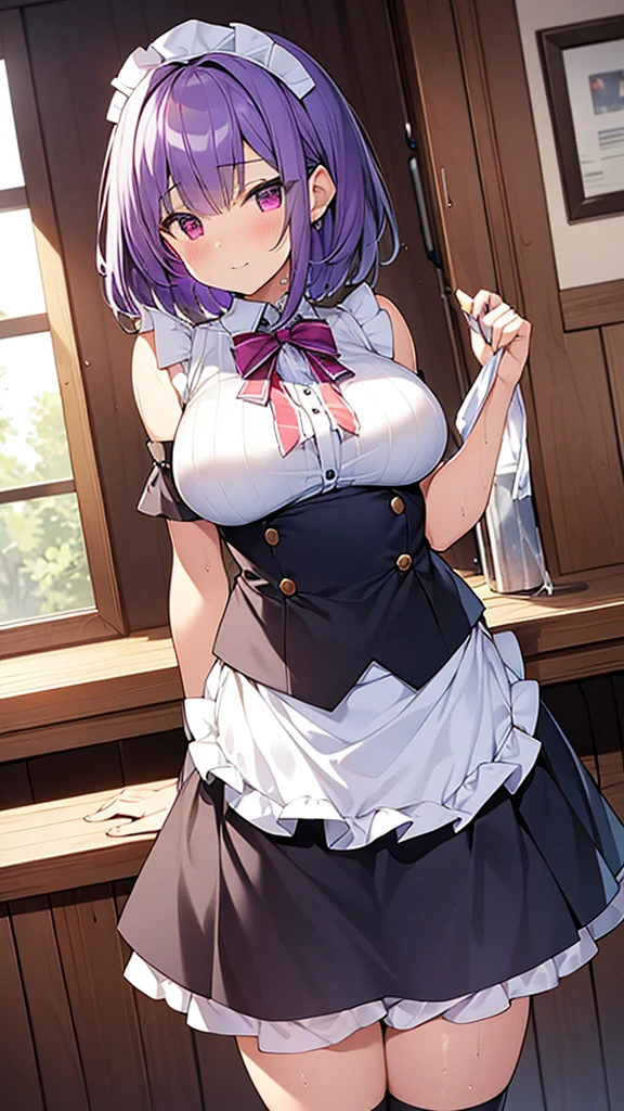 最high quality, high quality, Super detailed, 32k, Ultra-detailed details, waitress(only, Standing, pretty girl, beautiful purple hair, short hair, Beautiful RED eyes, mature, Big Breasts, A light smile, Off-the-shoulder sleeveless Summer メイド服, Summer casual maid clothes, Short skirt, Blue and white color striped underwear, Black knee socks, loafers, My crotch is wet with love juice, 18-year-old,cute), {{A succubus disguised as a waitress approached the target man's sister, peeled off the skin of the sister's face, and stuck it on her own face, becoming the waitress succubus's face., The hem of her skirt is lifted high, exposing her underwear}}, She has transformed from a shy maid into a lewd one., A maid with her sister's face stuck on her face is vigorously pistoning her body, A maid who moves her body vigorously without caring if her breasts bounce, Super detailed, indoor, Full body image, ((Head to Toe:1.3)), NSFW