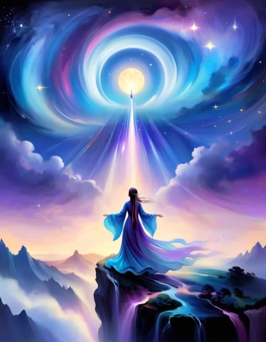 A woman standing on a cliff looking up at the starry sky, Surrounded by a vortex of cosmic energy，Dreamy misty landscape。The figures are dressed in flowing robes.，Blending with the flow of heaven and earth。The sky is a tapestry of deep purples and blues，starlight embellishment，The scenery below suggests softness、Rolling mountains，Astral Ether, Fantastic numbers, ethereal essence, Ethereal fantasy, Ethereal Beauty, Digital Art Fantasy, Beautiful fantasy painting, Beautiful fantasy art, Stunning fantasy art, Inspired by Cyril Rolando (Cyril Rolando), Fantasy art style, Gently rotating magical energy, Fantasy Numbers, Fantasy Numbers艺术, Empty Realm, of Ethereal fantasy