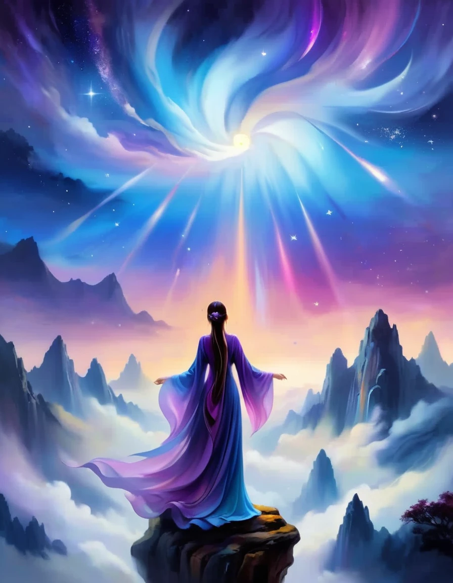 A woman standing on a cliff looking up at the starry sky, Surrounded by a vortex of cosmic energy，Dreamy misty landscape。The figures are dressed in flowing robes.，Blending with the flow of heaven and earth。The sky is a tapestry of deep purples and blues，starlight embellishment，The scenery below suggests softness、Rolling mountains，Astral Ether, Fantastic numbers, ethereal essence, Ethereal fantasy, Ethereal Beauty, Digital Art Fantasy, Beautiful fantasy painting, Beautiful fantasy art, Stunning fantasy art, Inspired by Cyril Rolando (Cyril Rolando), Fantasy art style, Gently rotating magical energy, Fantasy Numbers, Fantasy Numbers艺术, Empty Realm, of Ethereal fantasy