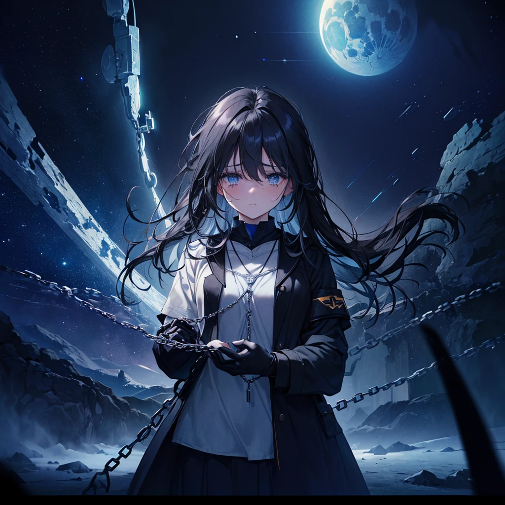 (((Pulled by chains)))　((High resolution　Black Hair　Long Hair　Dull blue eyes　uniform　Lonely　despair))　((necklace　tears　gloves))　(night　Distorted Space-Time　star　moon　)　Catch the wind　Light