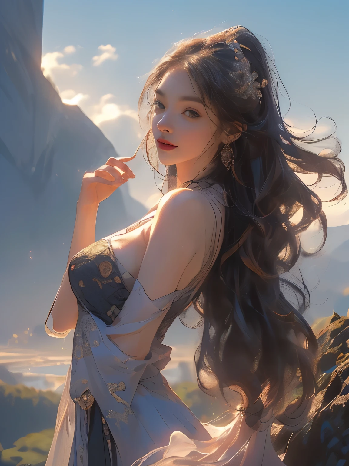 (8K, Highest quality, masterpiece)，{Realistic, RAW Photos, Super Fine Clear, Portraiture, (Influenced by impressionist paintings:1.6)}, Realistic Light, Detailed skin, (A beautiful woman with a slim figure, Age 25, Ancient Roman Athletes:1.5), Thin legs, fine grain, Long white hair, Detailed fingers, thin, Sexual, Expressions of Ecstasy, (Big, bouncy, firm bust:1.4), (Ancient Roman Dresses:1.2),(The dress has a wide opening at the chest;1.6), Exposing the breasts, (Colosseum in ancient Rome:1.8), Wide and beautiful view, (Mountain side, River side:1.5), (Surrounded by animals and birds:1.2), Alluring, Grim expression, dynamic sexy poses, dash, Run, Run