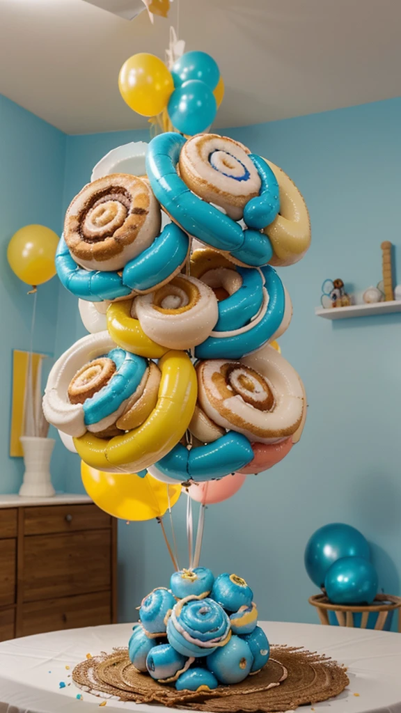 Generates decoration of a ring of cinnamon roll balloons with light blue colors, rosado, White and yellow.