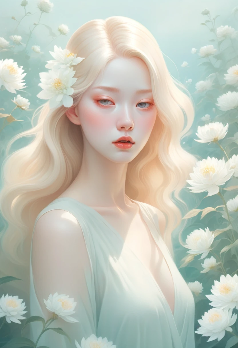 (mist:1.5)，Soft space，Soft tones，dream，Hazy and mysterious，大量mist和白色小花覆盖，Modern illustration elements。Tranquility、Pure atmosphere，blond woman with white flowers covering her face and eyes, inspired by Hsiao-Ron Cheng, inspired by Yanjun Cheng, by Ayami Kojima, by Hsiao-Ron Cheng, by Yanjun Cheng, Guweiz, artwork in the style of Guweiz, by Eizan It&#39;s a gift, cake, james jean and wlop