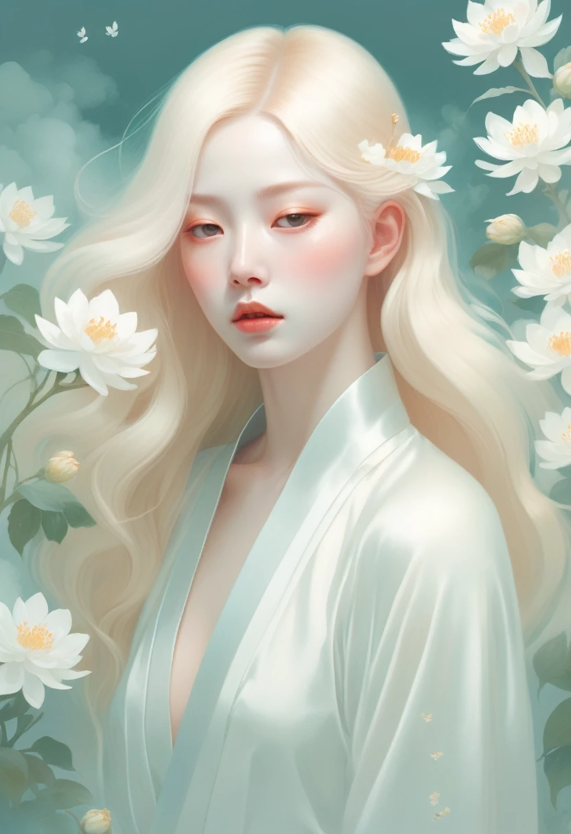 (mist:1.5)，Soft space，Soft tones，dream，Hazy and mysterious，大量mist和白色小花覆盖，Modern illustration elements。Tranquility、Pure atmosphere，blond woman with white flowers covering her face and eyes, inspired by Hsiao-Ron Cheng, inspired by Yanjun Cheng, by Ayami Kojima, by Hsiao-Ron Cheng, by Yanjun Cheng, Guweiz, artwork in the style of Guweiz, by Eizan It&#39;s a gift, cake, james jean and wlop