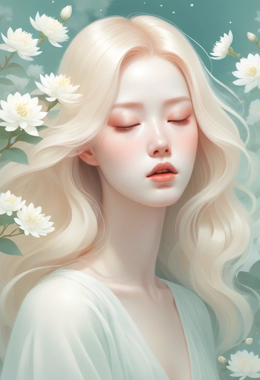 (mist:1.5)，Soft space，Soft tones，dream，Hazy and mysterious，大量mist和白色小花覆盖，Modern illustration elements。Tranquility、Pure atmosphere，blond woman with white flowers covering her face and eyes, inspired by Hsiao-Ron Cheng, inspired by Yanjun Cheng, by Ayami Kojima, by Hsiao-Ron Cheng, by Yanjun Cheng, Guweiz, artwork in the style of Guweiz, by Eizan It&#39;s a gift, cake, james jean and wlop