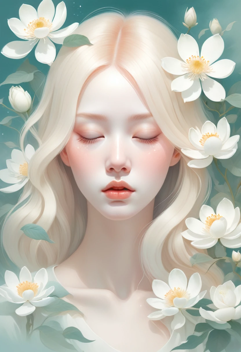 (mist:1.5)，Soft space，Soft tones，dream，Hazy and mysterious，大量mist和白色小花覆盖，Modern illustration elements。Tranquility、Pure atmosphere，blond woman with white flowers covering her face and eyes, inspired by Hsiao-Ron Cheng, inspired by Yanjun Cheng, by Ayami Kojima, by Hsiao-Ron Cheng, by Yanjun Cheng, Guweiz, artwork in the style of Guweiz, by Eizan It&#39;s a gift, cake, james jean and wlop