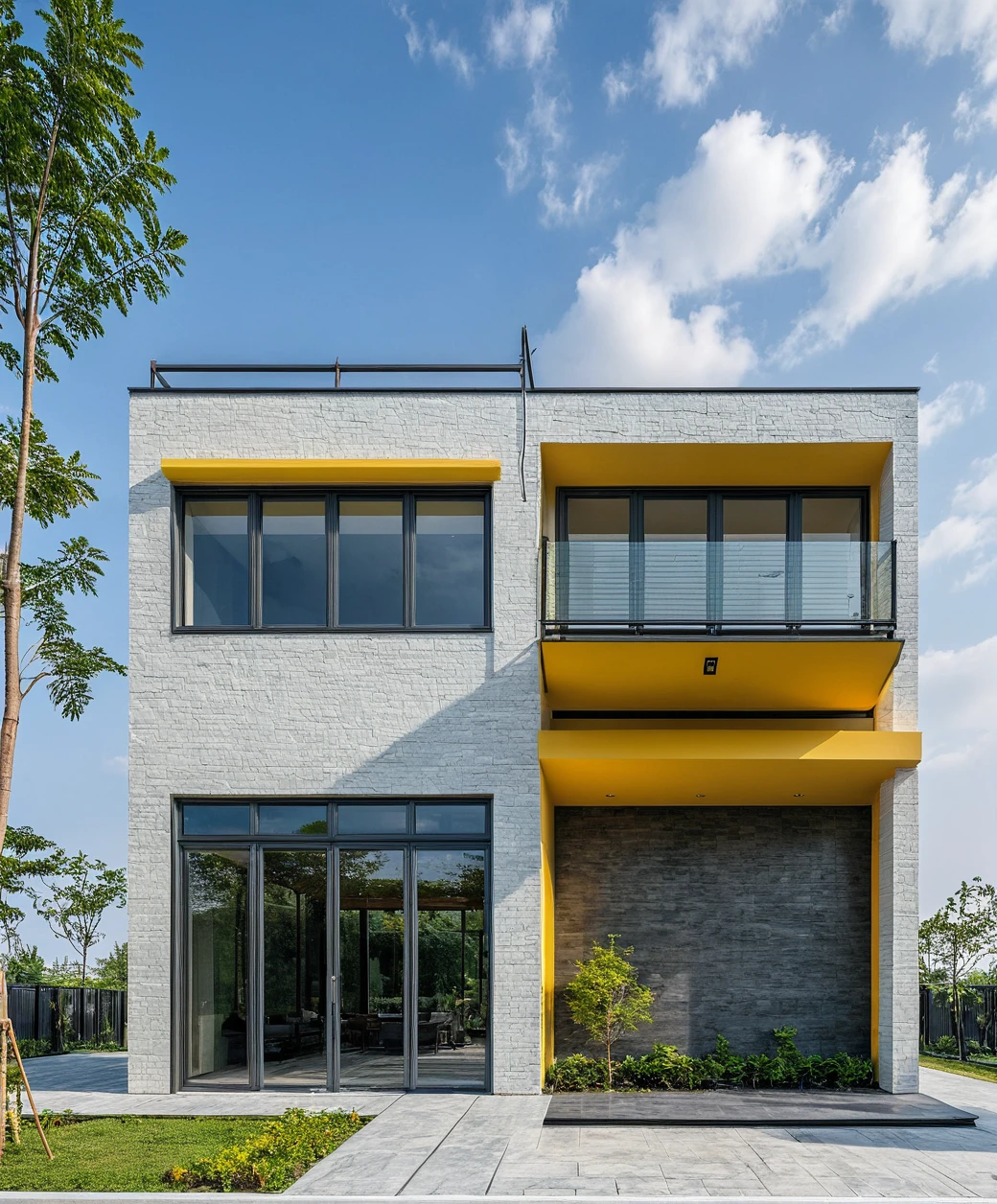 Masterpiece, high quality, best quality, authentic, super detail, outdoors, onestoreyvillaXL, aiaigroup, house style modern on the street ,road,pavement, grass, trees, sky, cloud, (daylight:1.1), light yellow walls, wooden ceilings, marble columns, black grey xingfa aluminum frame glass doors,
