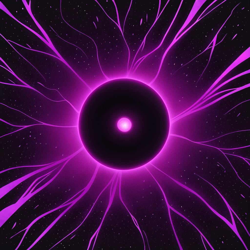 Head tilted up black and magenta veins of cosmic darkness in black hole art style